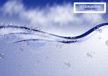 Many bubbles in clear bright water. Abstract wave, underwater background, fluffy clouds. Vector illustration for your flyer design, banner.のイラスト素材