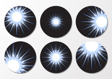 Creative isolated emblems of the radiant sun on a dark blue background. Rising, shining, sunset. Bright vector illustration for your design.のイラスト素材