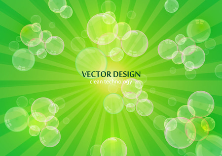 Abstract illustration of shiny soap bubbles on a background with rays. Elements of purity and freshness for your design. Vector illustrationのイラスト素材