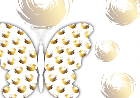 Beautiful abstract background with white butterfly silhouette on a white background. Creative design of the wings, bright brush strokes of gold color. Vector illustrationのイラスト素材