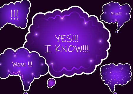 Set of colorful abstract chat label, cloud of thoughts. Interesting facts, conversations, cries of surprise, joy, shortcuts in knowledge bases and banners with frequently asked questions in social networks. Isolated on dark background. Vector illustrationのイラスト素材