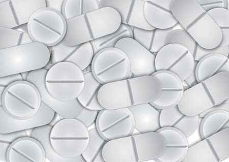 Abstract background of various realistic vector white medicinal tablets on a light background. Vector illustration for your design banner, booklet, flyer, leaflet, business card.のイラスト素材