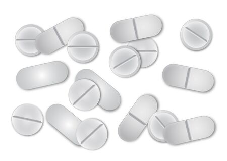 Abstract background of various realistic vector white medicinal tablets on a light background. Vector illustration for your design banner, booklet, flyer, leaflet, business card.のイラスト素材