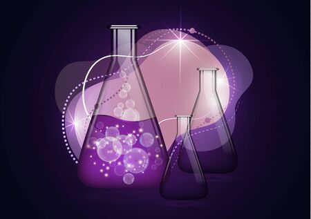 Abstract isolated glass bulb background with liquid, bubbles and empty glass bulb. Chemical and biological experiments. Vector illustration for your design.のイラスト素材