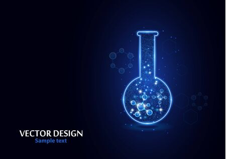 Test laboratory flask with the frame grid made of points, lines and forms. Vector illustration art style design on a dark background. Medicine, biology, chemistry poster banner template with copy space.のイラスト素材
