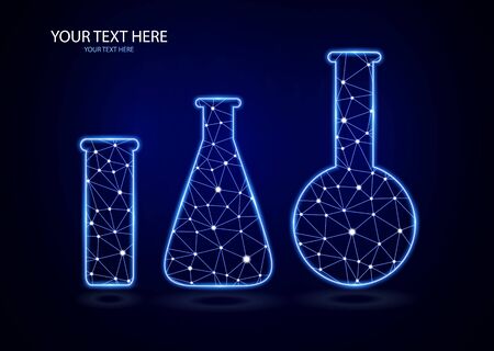 Abstract polygonal luminous chemical flasks isolated from a polygon frame on a dark background. Low poly design for science and analysis, research. Future technologies, business, medicine, biology, chemistry.のイラスト素材