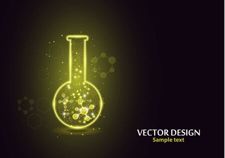 Test laboratory flask with the frame grid made of points, lines and forms. Vector illustration art style design on a dark background. Medicine, biology, chemistry poster banner template with copy space.のイラスト素材