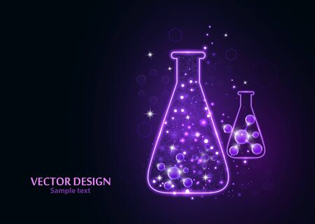Test laboratory flask with the frame grid made of points, lines and forms. Vector illustration art style design on a dark background. Medicine, biology, chemistry poster banner template with copy space.のイラスト素材