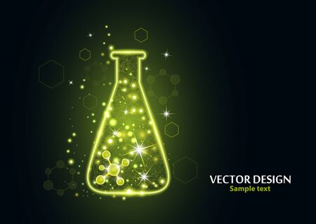 Test laboratory flask with the frame grid made of points, lines and forms. Vector illustration art style design on a dark background. Medicine, biology, chemistry poster banner template with copy space.のイラスト素材
