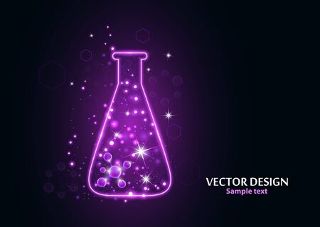 Test laboratory flask with the frame grid made of points, lines and forms. Vector illustration art style design on a dark background. Medicine, biology, chemistry poster banner template with copy space.のイラスト素材