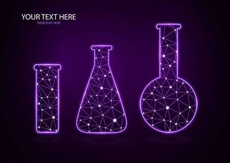 Abstract polygonal luminous chemical flasks isolated from a polygon frame on a dark background. Low poly design for science and analysis, research. Future technologies, business, medicine, biology, chemistry.のイラスト素材