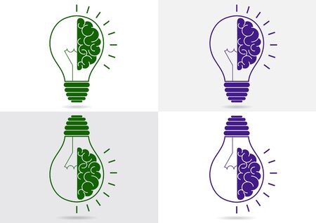 Set. Human brain in a light bulb idea concept flat icon isolated on white and gray background. Vector illustrationのイラスト素材