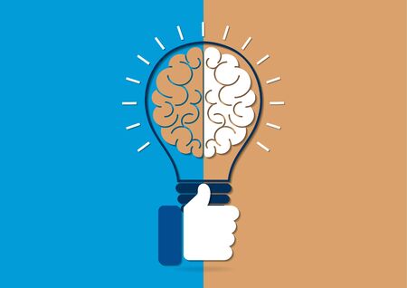 Abstract light bulb inside the brain, thumb up. Concept of idea, business success. Vector illustration in flat design style.のイラスト素材