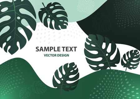 Abstract tropical background with monstera leaves. Composition with exotic plants on a bright background. Template for your design. Vector illustration.のイラスト素材