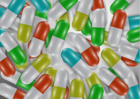 Background with bright pills, capsules. Vitamin pills for good health and antibiotics. Poster banner for website. Pharmacy, painkiller capsules and medications. Vector illustrationのイラスト素材