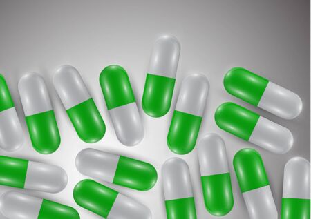 Background with bright pills, capsules. Vitamin pills for good health and antibiotics. Poster banner for website. Pharmacy, painkiller capsules and medications. Vector illustrationのイラスト素材
