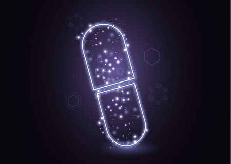 Abstract neon capsule, pill with molecules. The concept of medicine, healthcare, pharmacy and modern science. Vector illustration for your design.のイラスト素材