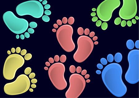 Collection of baby legs. Baby steps set illustration - pair of colored footprints in a flat style.のイラスト素材