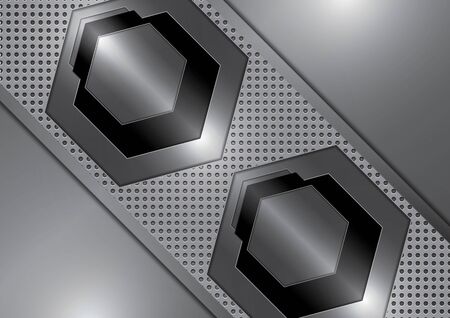 Abstract hexagonal black and gray arrows on steel circle mesh design technology background. Modern business design. Vector illustration.のイラスト素材