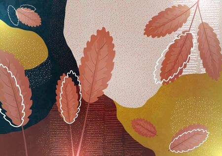 Bright color background. Wavy shapes, abstract leaves, texture of particles and drawn lines. Design template for banners, flyers or posters. Vector illustrationのイラスト素材