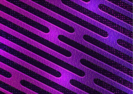 Abstract oblique geometric shapes, stripes, halftone squares on a black background. Bright gradient, small particles. Universal template for cover design, business card, flyer. Vector illustrationのイラスト素材