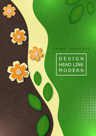 Bright wavy background. Creative paper cut flowers and leaves. Stylish modern template for your design. Vector illustration.のイラスト素材
