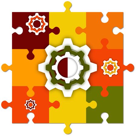 Finished puzzles and gear. The concept of teamwork, cooperation and partnership. Flat design. Vector illustration for your business design.のイラスト素材