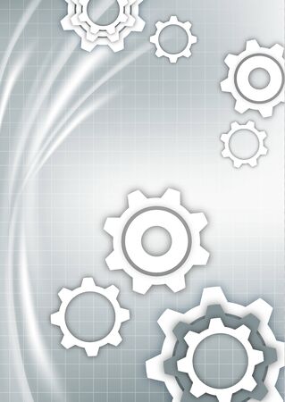 White abstract gears on a gray background with technical grid, light spot effects. Modern corporate cover design, flyer, banner, brochure, wallpaper. Vector illustrationのイラスト素材