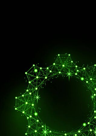 Glowing gear icon with glare effect on a black background with backlight. Grid gear icon shiny polygon mesh frame. Vector illustration for your design.のイラスト素材