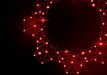 Glowing gear icon with glare effect on a black background with backlight. Grid gear icon shiny polygon mesh frame. Vector illustration for your design.のイラスト素材