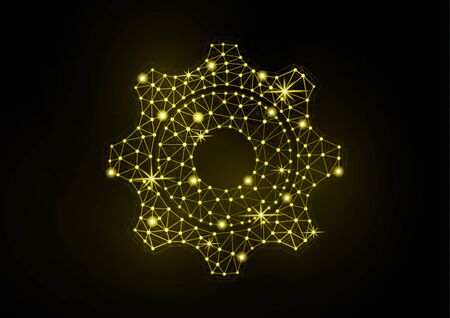 Glowing gear icon with glare effect on a black background with backlight. Grid gear icon shiny polygon mesh frame. Vector illustration for your design.のイラスト素材