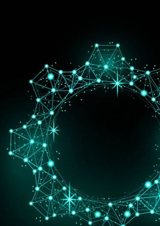 Glowing gear icon with glare effect on a black background with backlight. Grid gear icon shiny polygon mesh frame. Vector illustration for your design.のイラスト素材