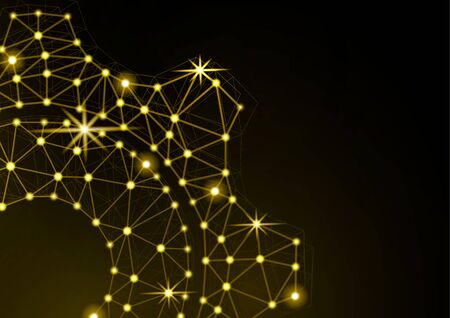 Glowing gear icon with glare effect on a black background with backlight. Grid gear icon shiny polygon mesh frame. Vector illustration for your design.のイラスト素材