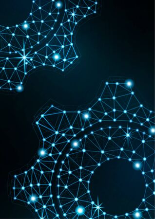 Glowing gear icon with glare effect on a black background with backlight. Grid gear icon shiny polygon mesh frame. Vector illustration for your design.のイラスト素材