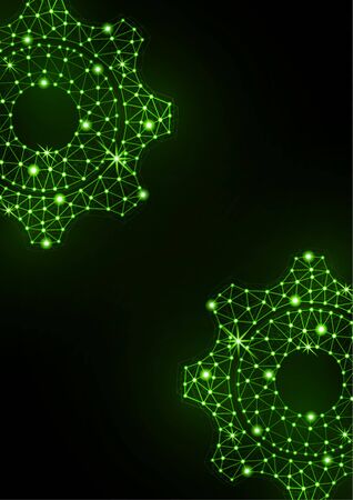 Glowing gear icon with glare effect on a black background with backlight. Grid gear icon shiny polygon mesh frame. Vector illustration for your design.のイラスト素材