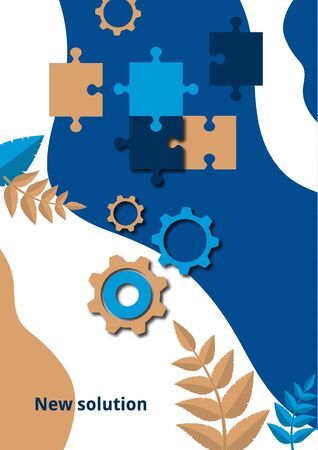 Part of the puzzle and gears on the background with leaves. The concept of teamwork, collaboration, finding a solution. Vector illustration for business design.のイラスト素材