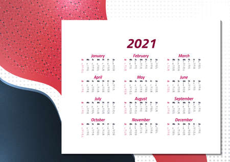 English calendar of 2021. Week starts on Sunday. Office supplies design. Business template. Abstract colorful illustration. Vectorのイラスト素材