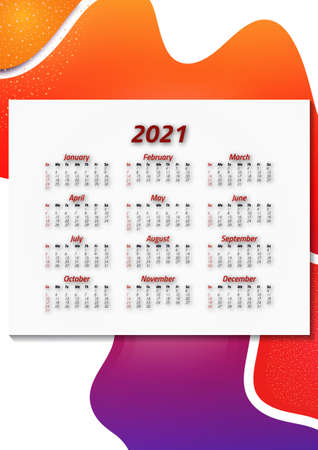 English calendar of 2021. Week starts on Sunday. Office supplies design. Business template. Abstract colorful illustration. Vectorのイラスト素材