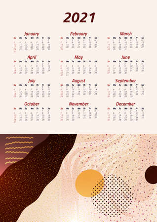 English calendar of 2021. Week starts on Sunday. Office supplies design. Business template. Abstract colorful illustration. Vectorのイラスト素材