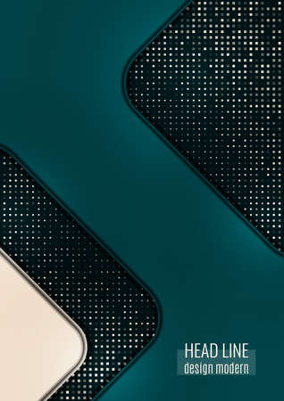Bright halftone dots and colored geometric shapes on a dark background. Luxury poster background template. 3D advertising modern graphic design. Vector illustrationのイラスト素材