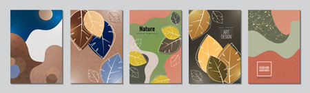 Postcards set. Geometric shapes, abstract leaves. Creative template for your cover design. Eco...