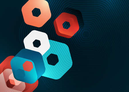 Bright abstract overlapping geometric shapes of hexagons on a dark background. business presentation template. Modern geometric design. vector illustration.のイラスト素材
