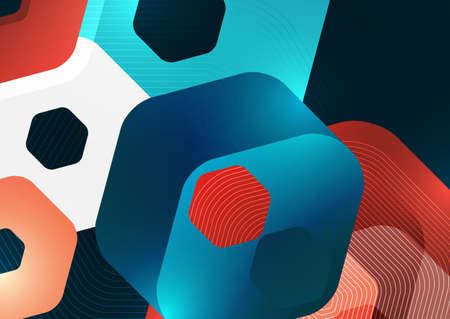 Bright abstract overlapping geometric shapes of hexagons on a dark background. business presentation...