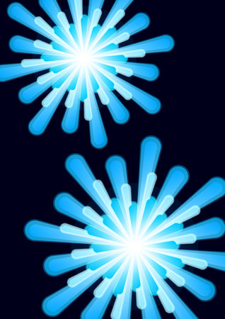 Dark background with snowflakes and colorful fireworks, holiday poster, postcard for the holiday, for the New Year. Vector illustration.のイラスト素材