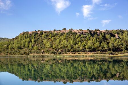 Reflection of forest in waterの写真素材