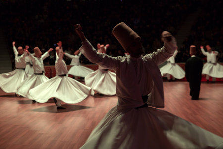 Konya, Turkey. April 20, 2019. Semazen or Whirling Dervishes at Mevlana Culture Center in Konya, Turkey.のeditorial素材