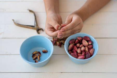 nutcracker and fresh pistachio in blue bowlの写真素材