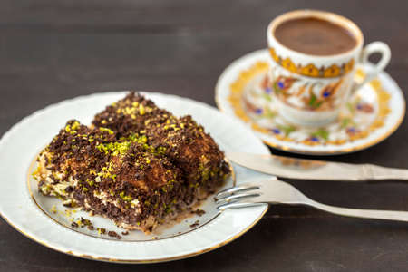 Traditional turkish new dessert cold milky baklava with pistachio