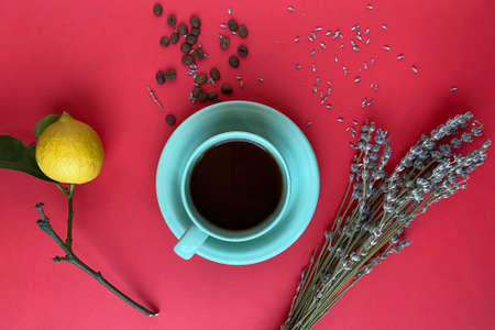 coffee concept. coffee cup and lavender flowers on red backgroundの写真素材