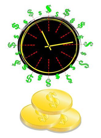 Time is money concept, clock and coin, long term financial investment, superannuation savings, future income, annual revenue, money profit and benefit, illustration flat line iconの写真素材